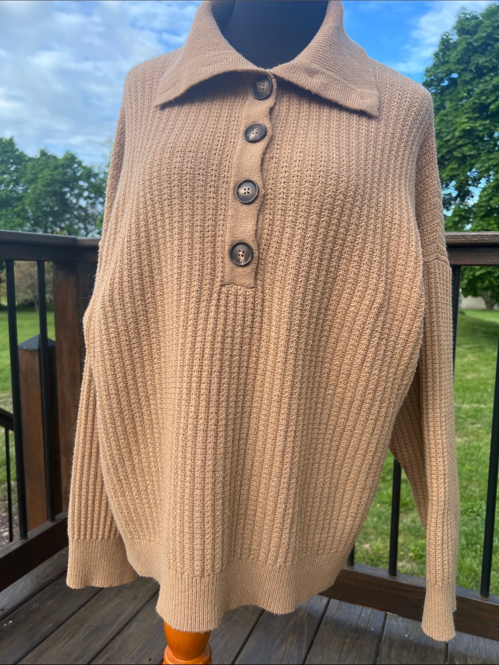 Time and Tru Ribbed Button-Front Sweater - Camel